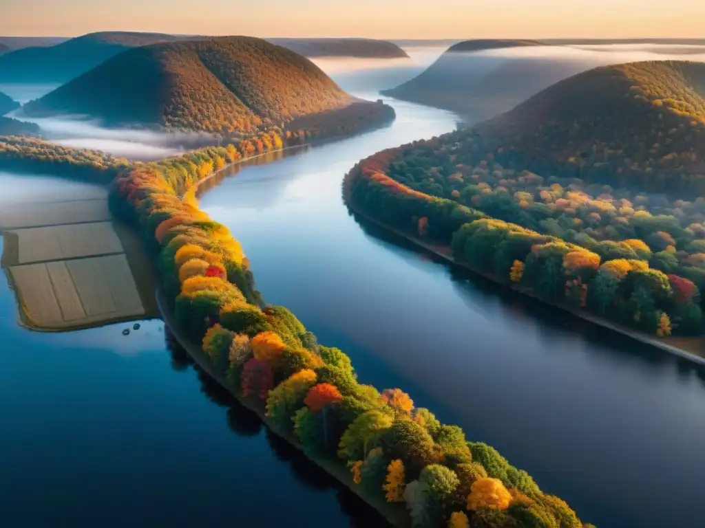 Espléndido atardecer sobre el río Hudson en otoño Un río majestuoso en el valle de Hudson, con los colores del otoño y el sol dorado al atardecer