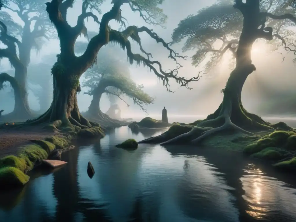 Un río misterioso con niebla fantasmal, árboles antiguos y figuras sombrías, evocando el Río Styx de la mitología literaria clásica