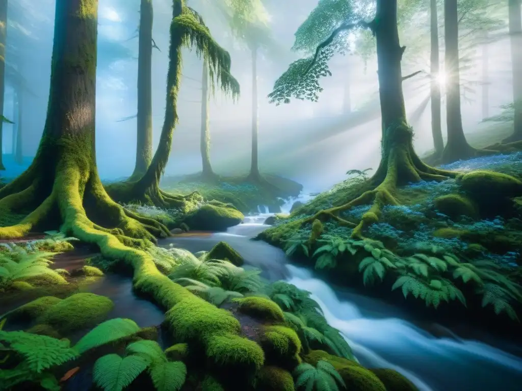 Río místico en bosque encantado: magia y misterio Un río místico serpenteando en un bosque antiguo, iluminado por una luz azul y rodeado de árboles cubiertos de musgo