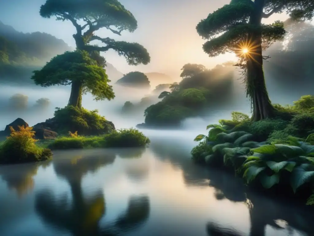 Río mítico: luz dorada al amanecer Un río mítico bañado por la primera luz del amanecer, rodeado de exuberante vegetación y niebla, reflejando árboles antiguos