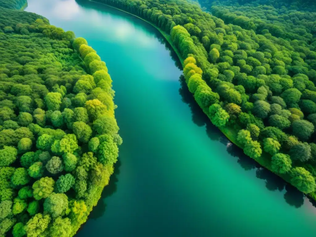 Río serpenteante en exuberante bosque: vista aérea impresionante Río mítico serpenteando por bosque verde, reflejando la naturaleza en equilibrio