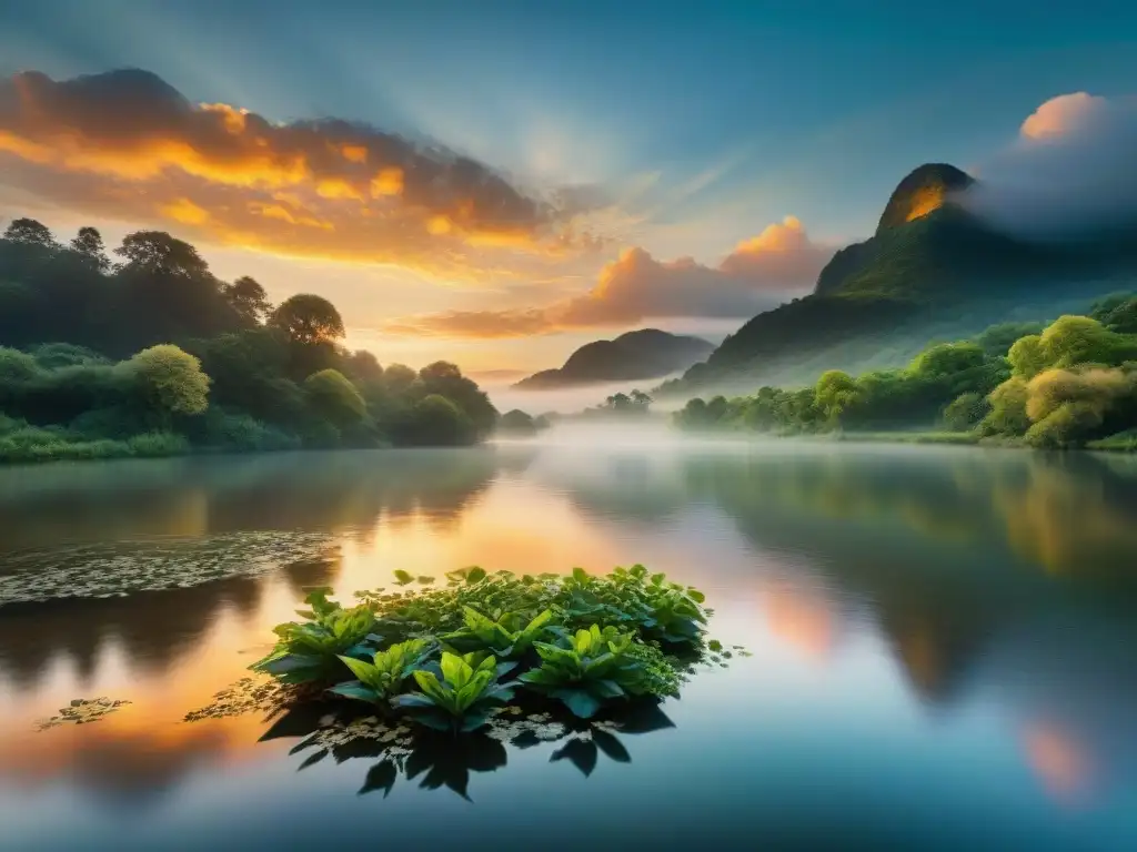 Río mítico: reflejos de un atardecer vibrante Un río mítico captura reflejos perfectos, reflejando un atardecer vibrante y sereno en su superficie