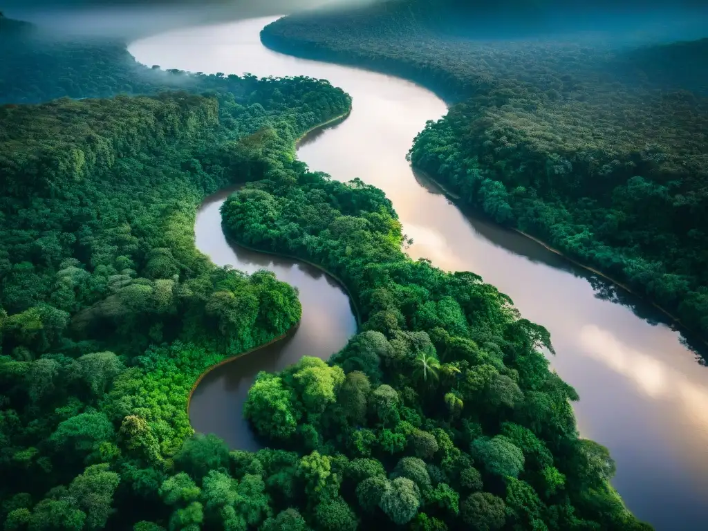 Majestuoso Amazonas: red de ríos y exuberante selva desde arriba Un río mítico serpenteando por la exuberante selva amazónica, capturado desde arriba