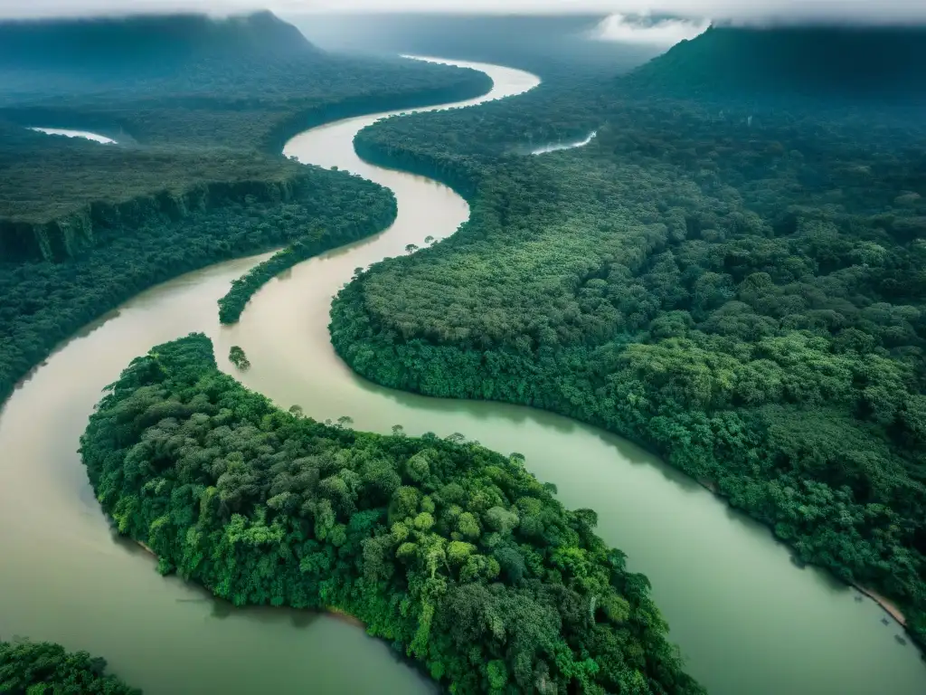Amazonas: belleza mítica desde las alturas Un río mítico serpenteando entre la exuberante selva amazónica vista desde arriba, evocando el marketing de destinos ríos míticos