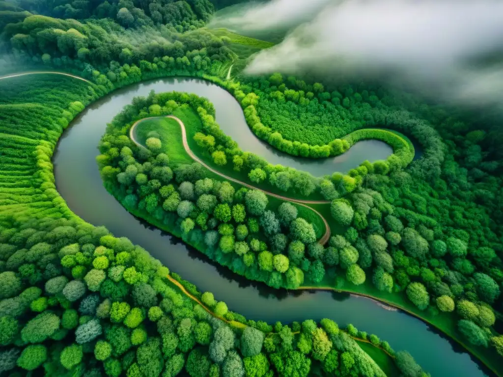 Río serpenteante: la huella mágica de la erosión natural Un río mítico, tallado por la erosión, muestra su historia en un paisaje verde