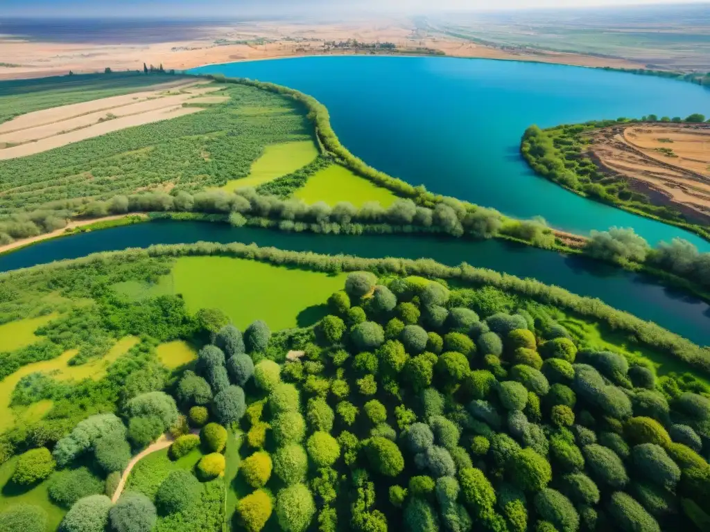 El Río Jordán serpentea entre paisajes verdes, revelando ruinas antiguas bajo el cielo azul