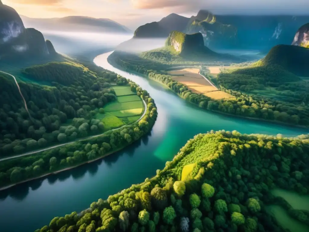 Río majestuoso entre bosques y montañas: misterio y serenidad El río perdido Gihon serpentea entre bosques verdes y montañas rugosas, bañado por la luz dorada del sol