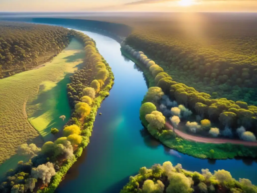 Amanecer mágico en el Río Murray de Australia El río Murray en Australia, rodeado de exuberante vegetación y fauna, iluminado por el cálido sol al atardecer