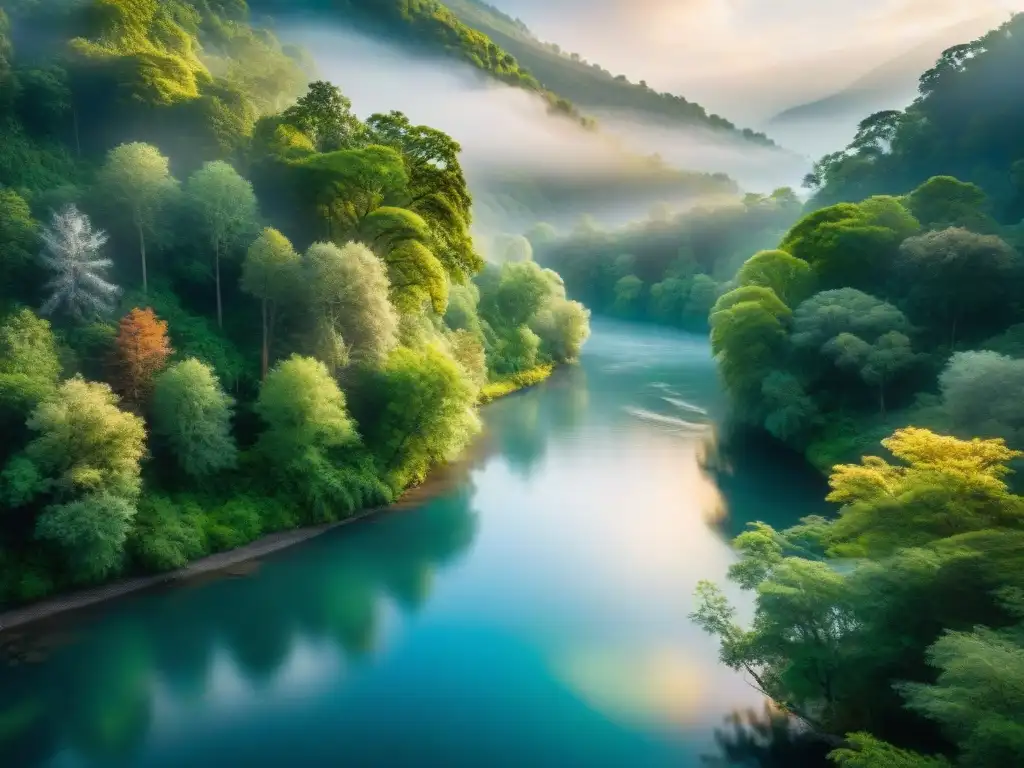 Río sereno en bosque virgen: detalle y paz naturales Un río sereno de aguas puras fluye entre un bosque exuberante, con propiedades terapéuticas