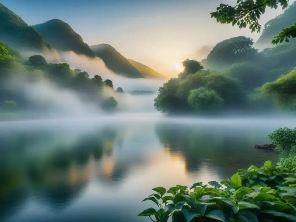 Río sereno al amanecer: belleza mística y tranquilidad Un río sereno al amanecer con niebla, árboles verdes y el suave resplandor del sol naciente