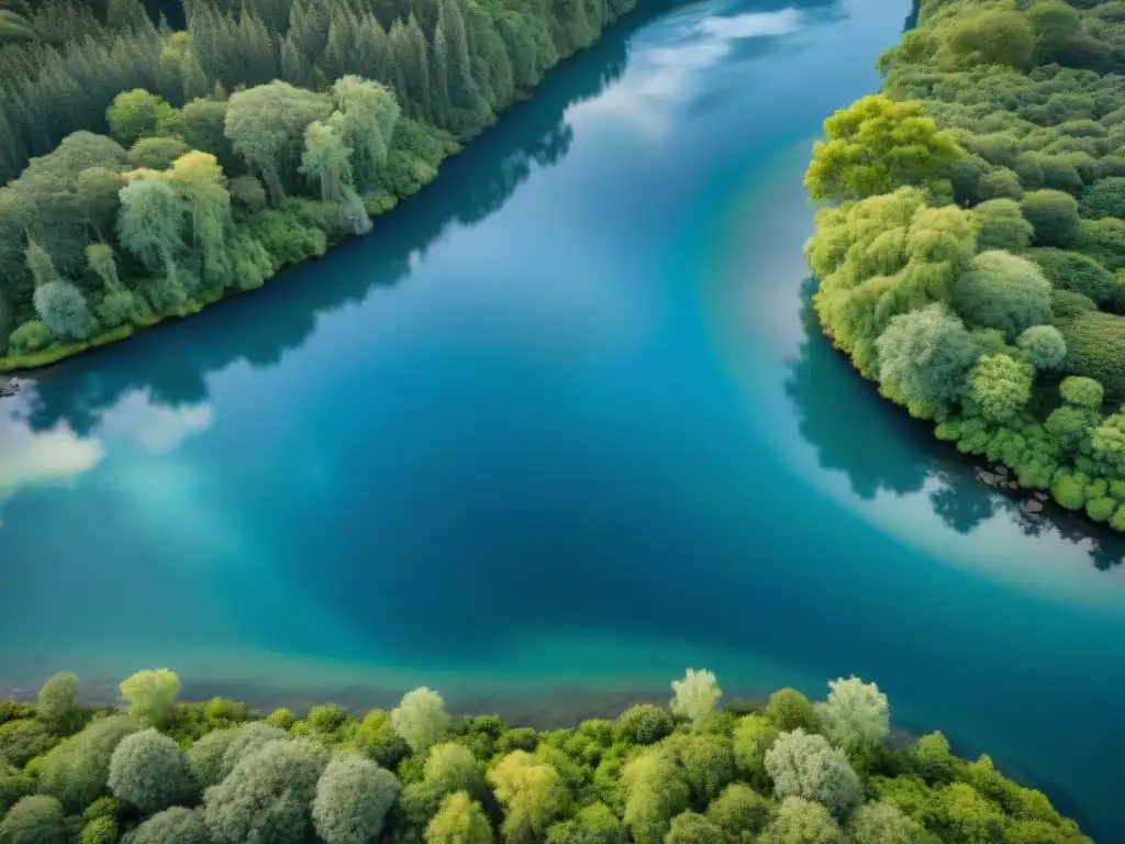 Río sereno: belleza natural en peligro Un río sereno serpenteando por un bosque exuberante, reflejando un ecosistema acuático vibrante