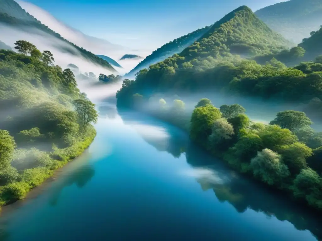 Río sereno en bosque exuberante: vibrante naturaleza y calma etérea Un río sereno serpentea entre un bosque exuberante, reflejando el verdor vibrante y el cielo azul claro
