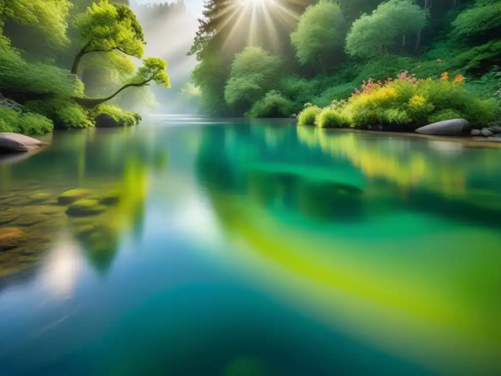 Río sereno: luz y sombras en un bosque exuberante Un río sereno en un bosque exuberante, con luz filtrándose entre el dosel creando un juego de luces y sombras