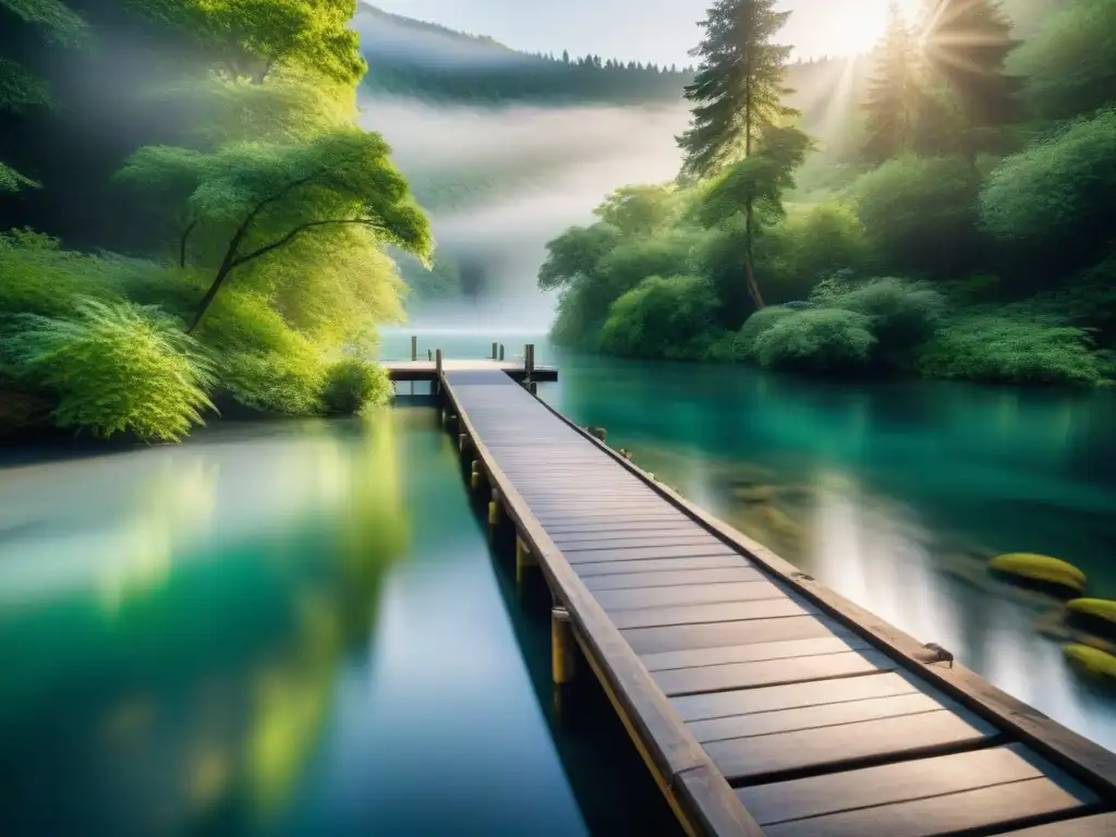 Río sereno en bosque: terapia energética Un río sereno fluye entre un bosque exuberante, reflejando la luz del sol