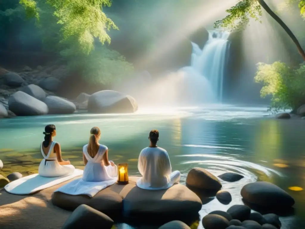 Terapia de energía en río: sanación y conexión en la naturaleza Un río sereno en un bosque frondoso con personas en terapia energética rodeadas de cristales