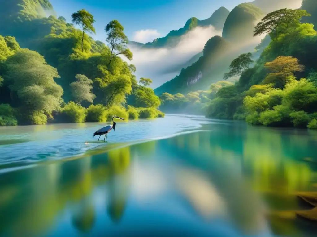 Río sereno: belleza y vida en la naturaleza Un río sereno serpentea entre un bosque verde, con un cielo azul