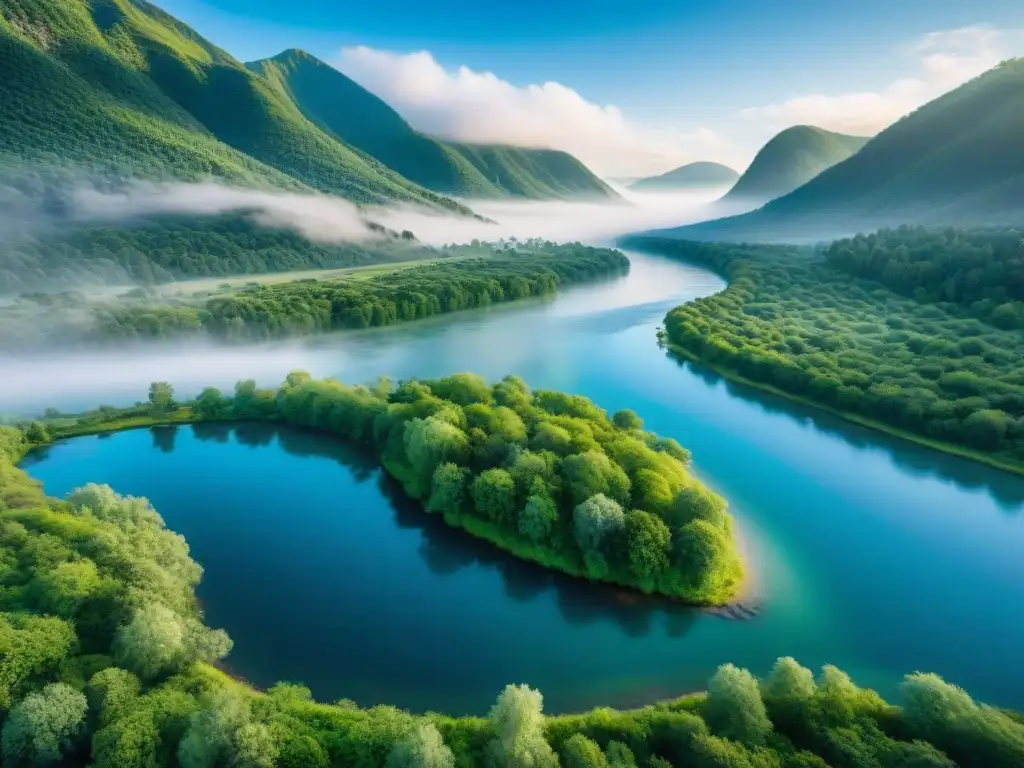 Río sereno en selva verde: armonía natural y conservación Río sereno en bosque verde, reflejando diversa vida silvestre