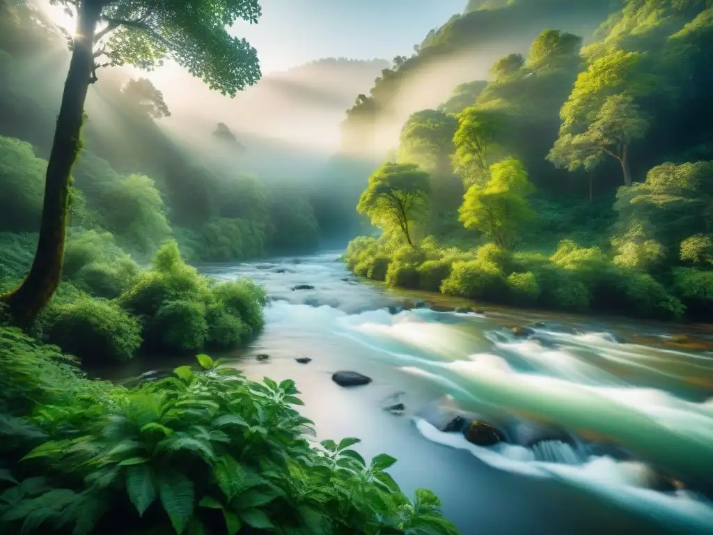 Río sereno: belleza natural y tranquilidad exquisita Un río sereno atraviesa un bosque verde exuberante, con rayos de sol filtrándose entre los árboles