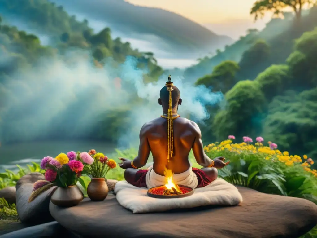 Ritual de sanación en el río: conexión natural y espiritual Un río sereno fluye en un bosque verde mientras un chamán realiza un ritual de sanación entre flores y humo de incienso
