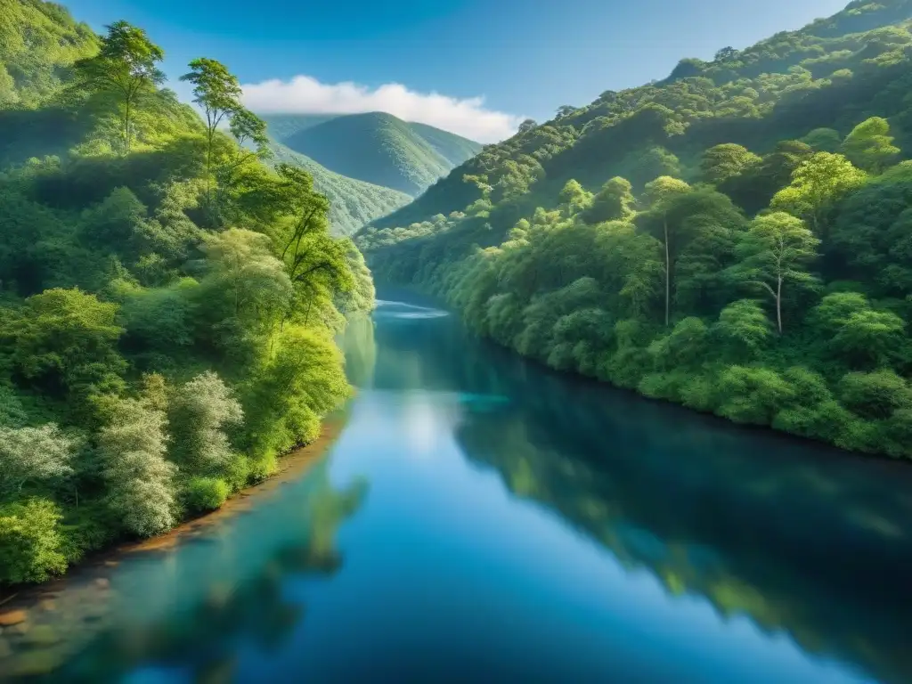 Río sereno en bosque exuberante: pureza y tranquilidad Un río sereno entre un exuberante bosque con aguas cristalinas reflejando la vegetación