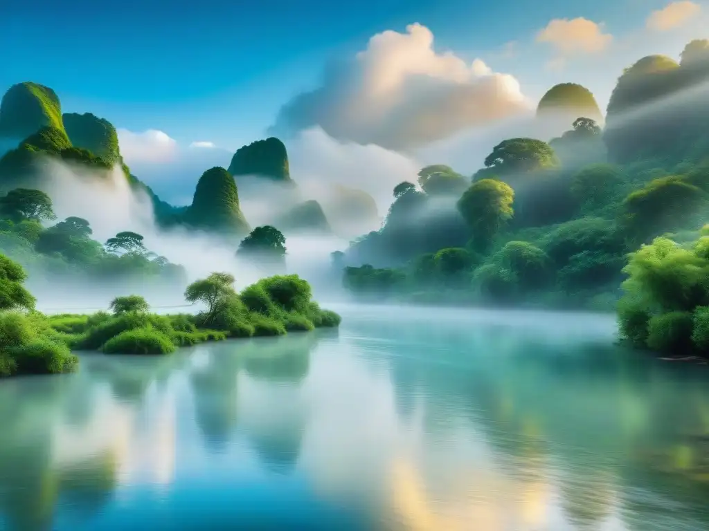 Río sereno: naturaleza salvaje y tranquilidad Un río sereno serpentea entre un exuberante bosque, reflejando el cielo azul y nubes blancas