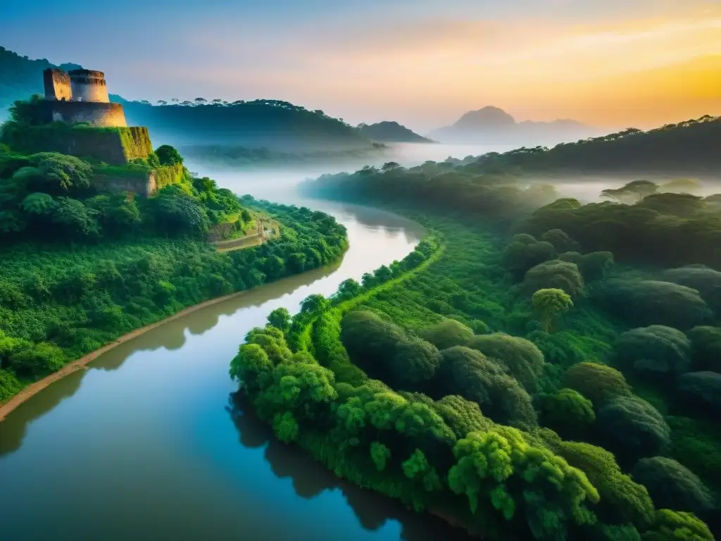 Ruinas ancestrales en la jungla junto al río Indo al atardecer Un río sereno fluyendo entre exuberante vegetación con ruinas antiguas entre la densa selva al atardecer