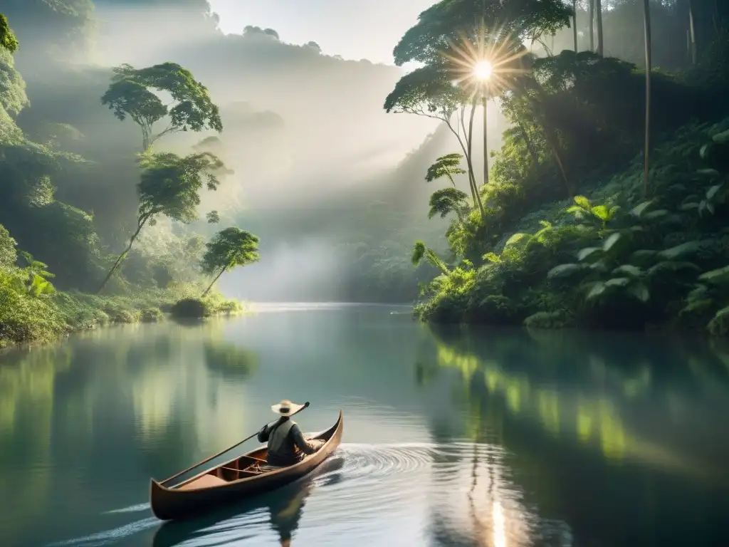 Río místico: canoa en bosque verde Un río sereno serpentea entre un frondoso bosque, con la luz filtrándose entre el dosel y creando un efecto moteado en la superficie del agua