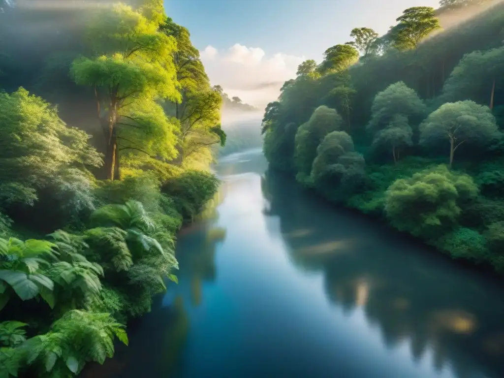 Río sereno: belleza natural en 8k Un río sereno serpenteando por un frondoso bosque, con luz solar filtrándose entre el dosel y creando destellos en el agua