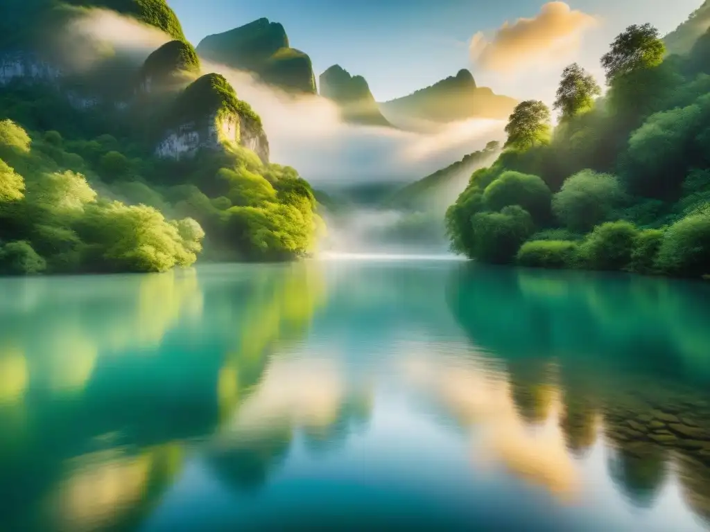 Río sereno: naturaleza vibrante y relajante Un río sereno serpenteando por un frondoso bosque, con la luz del sol filtrándose entre el dosel y creando sombras moteadas en el agua cristalina