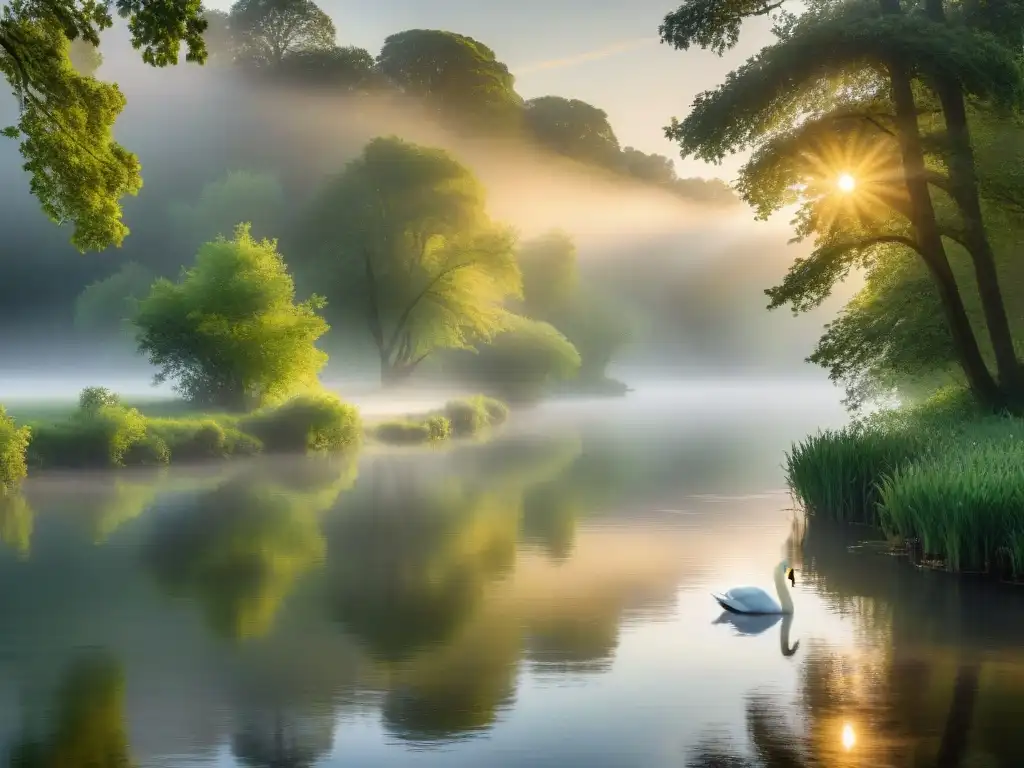 Río sereno al amanecer: paz y belleza natural Un río sereno al amanecer, con el sol dorado iluminando las aguas