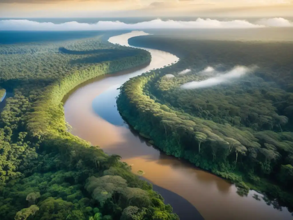 Amazonía: Serpenteo misterioso y poderoso Un río serpenteante de la Amazonia fluyendo entre exuberante selva, iluminado por el sol
