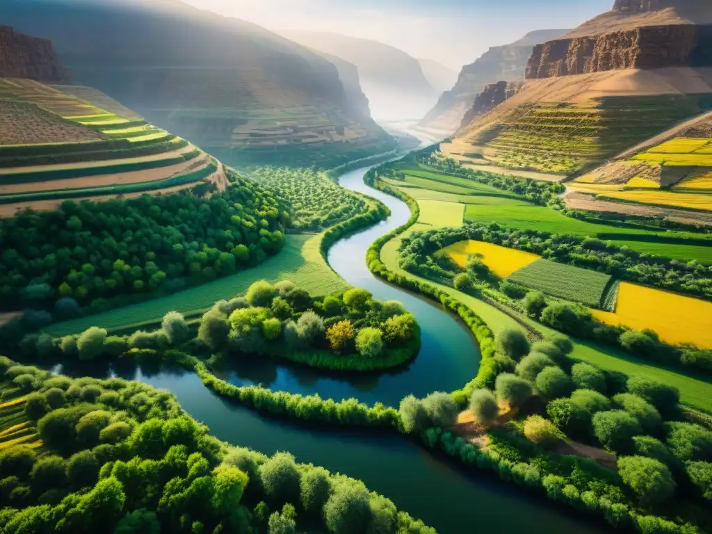 Río Jordán: Belleza serena y cultural en el Valle Un río Jordán serpenteante, bañado por el sol, entre exuberante vegetación
