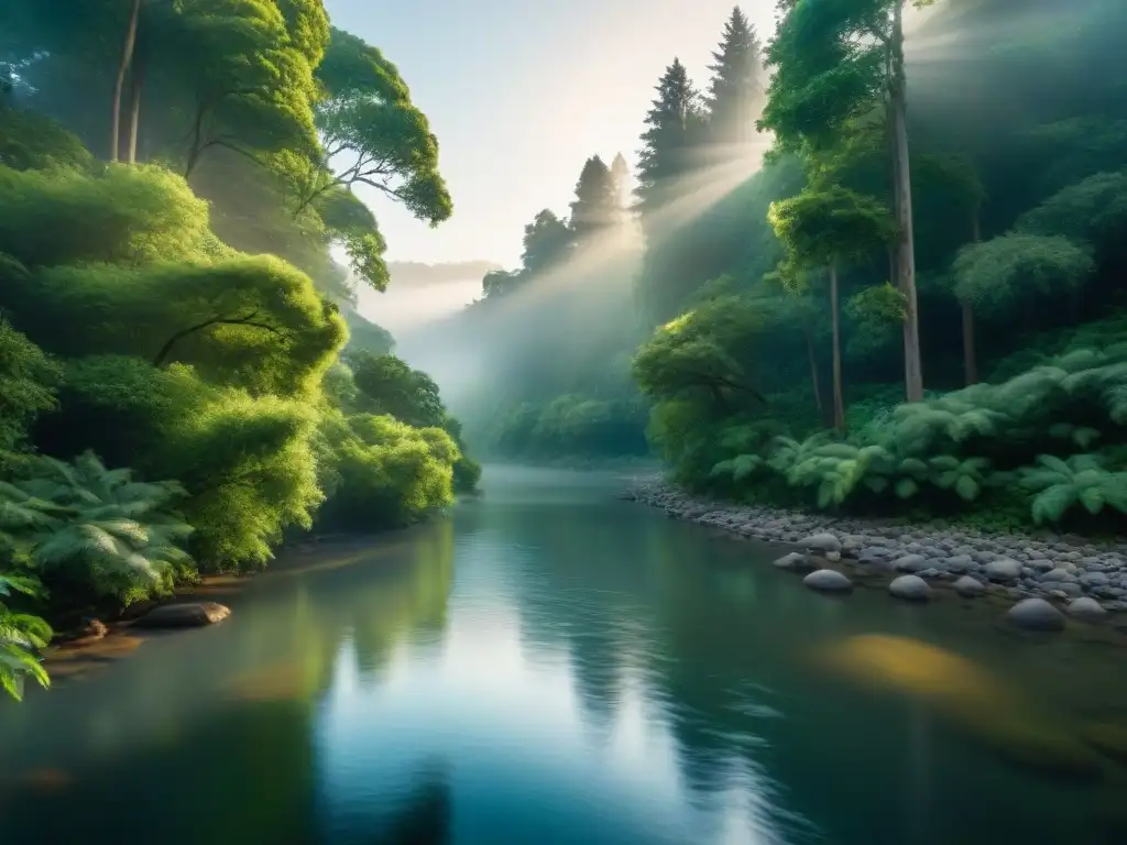 Misterioso río serpenteando en un bosque exuberante Un río serpenteante en un bosque misterioso, con luz filtrándose entre los árboles