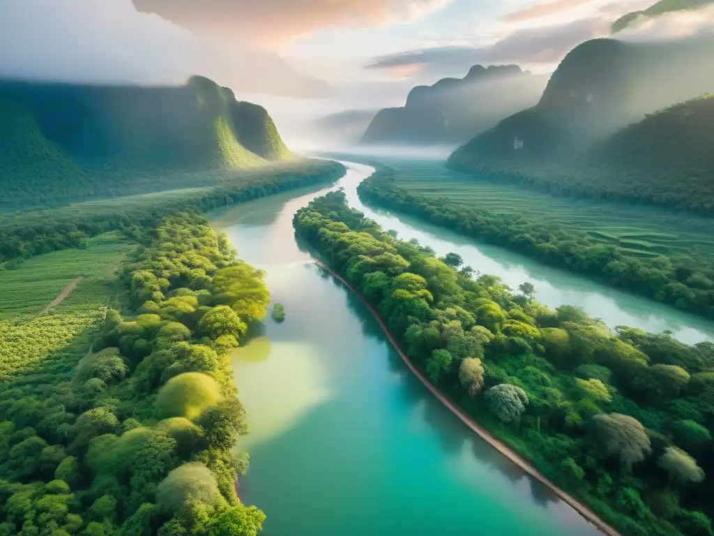Armonía fluvial: vida indígena en bosques exuberantes Un río serpenteante entre bosques verdes, comunidades indígenas, canoas y vida en armonía