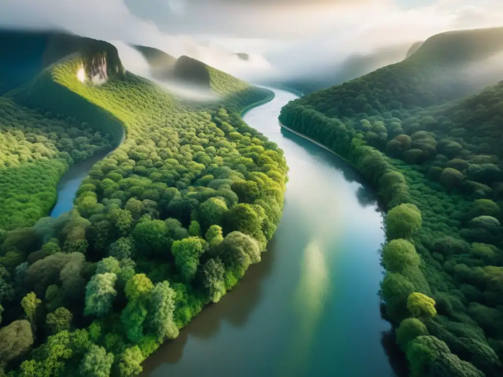 Río serpenteante: belleza natural y narrativas cinematográficas Un río serpenteante corta bosques verdes, con luz filtrándose entre las hojas