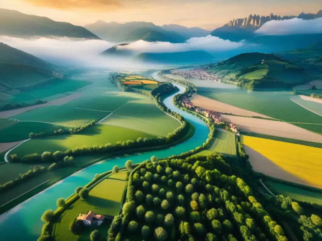 Un río Po serpenteante corta el exuberante valle italiano, con pueblos y Alpes de fondo