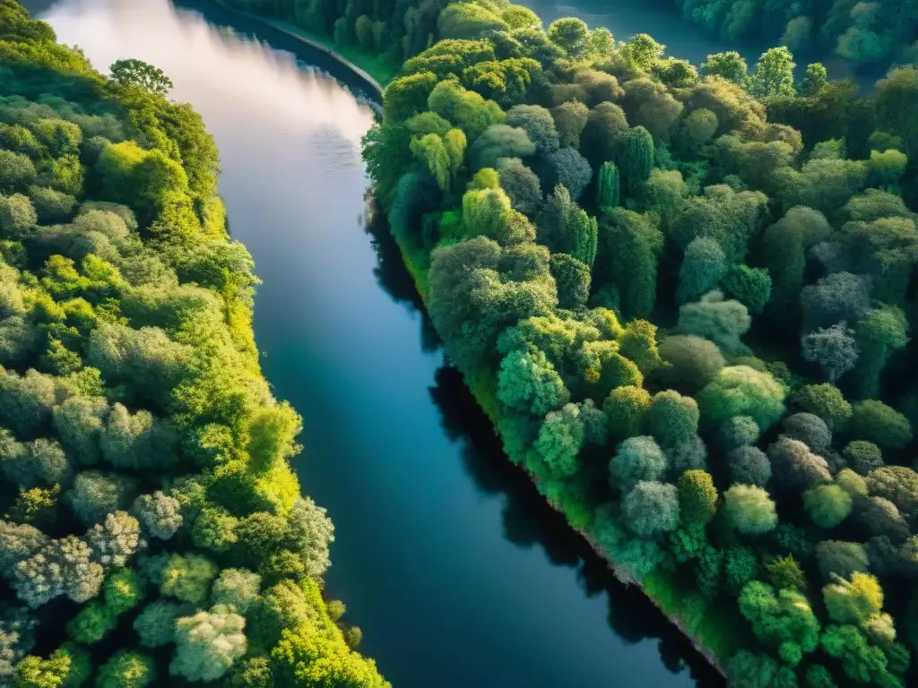 Río serpenteante: narrativa natural en el cine Un río serpenteante corta un frondoso bosque con luz solar filtrándose, reflejando la narrativa de directores que usaron ríos