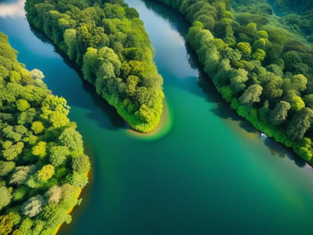 Río serpenteante: belleza natural en movimiento Un río serpenteante fluye entre exuberantes bosques, reflejando la luz del sol