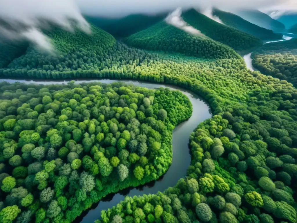Río serpenteante en exuberante bosque: armonía natural Un río serpenteante cortando un frondoso bosque, vital para salvar ríos con políticas públicas