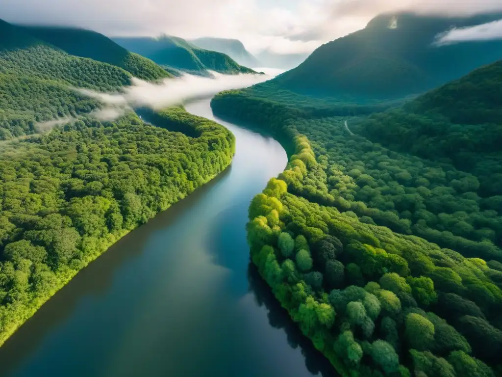 Río serpenteando entre bosques: luz y sombra en un paraíso verde Un río serpenteante entre frondosos bosques, con luz filtrándose a través del dosel creando un espectáculo de luces y sombras en el agua
