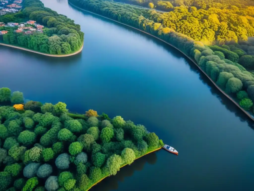 Río serpenteante: fusión armónica de naturaleza y desarrollo urbano Un río serpenteante rodeado de exuberante vegetación y propiedades modernas frente al agua, reflejando la calidez del atardecer y la armonía entre la naturaleza y el desarrollo inmobiliario en ríos emblemáticos
