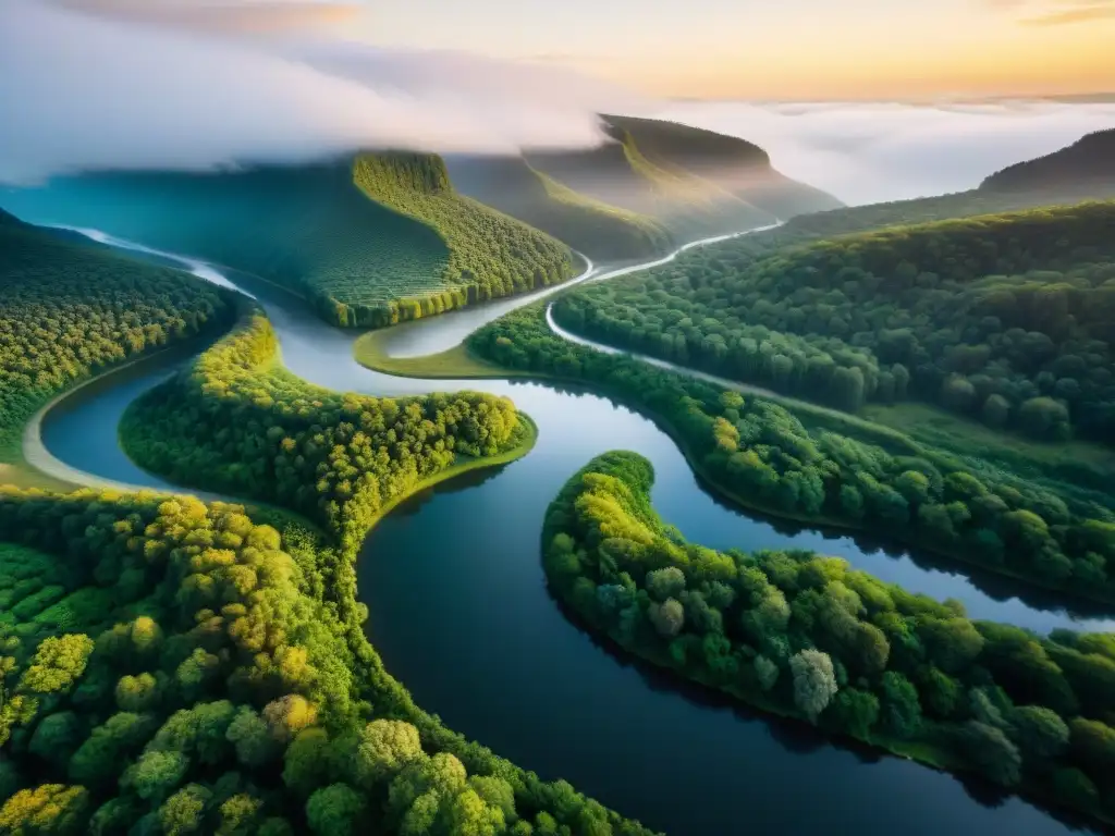 Espléndido río serpenteante en la naturaleza exuberante Un río serpenteante rodeado de exuberantes bosques y vibrante vida silvestre