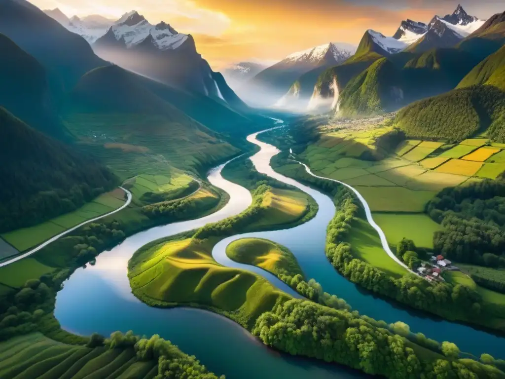 Río mítico entre montañas nevadas al atardecer Fotografía mágica de un río serpenteante rodeado de montañas nevadas, bañado por la cálida luz del atardecer