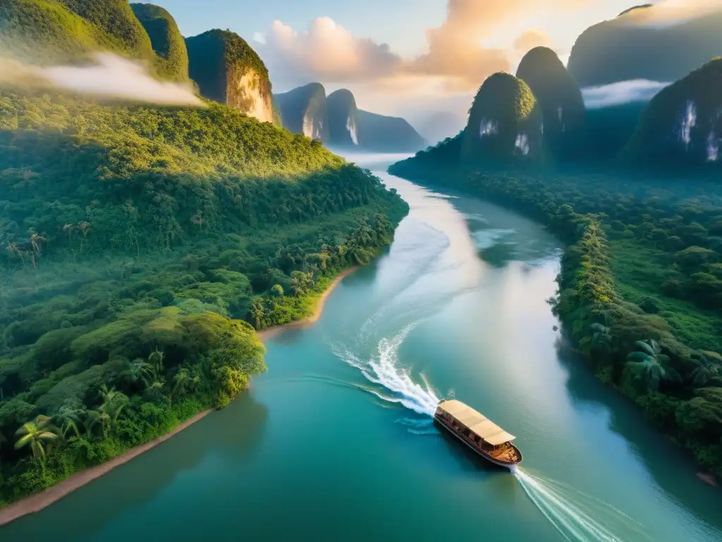Expedición ecológica en río tropical al atardecer Un río serpenteante rodeado de selva verde vibrante al atardecer, con una barca ecológica