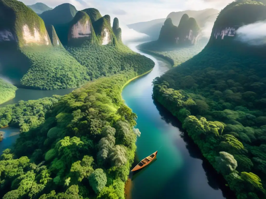Río selvático: vista aérea impresionante en la jungla Explorando un río serpenteante en la selva, con la luz del sol brillando en el agua