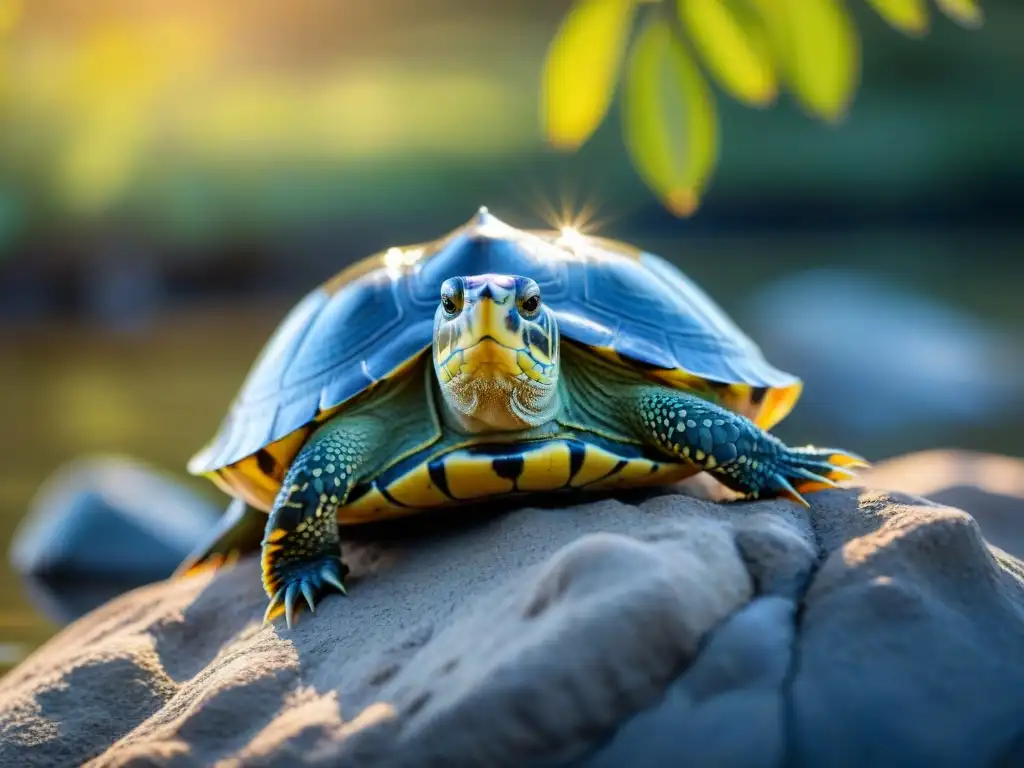 Biodiversidad en el río Murray Australia: una tortuga Macquarie tomando sol en una roca, rodeada de vegetación exuberante y aguas cristalinas