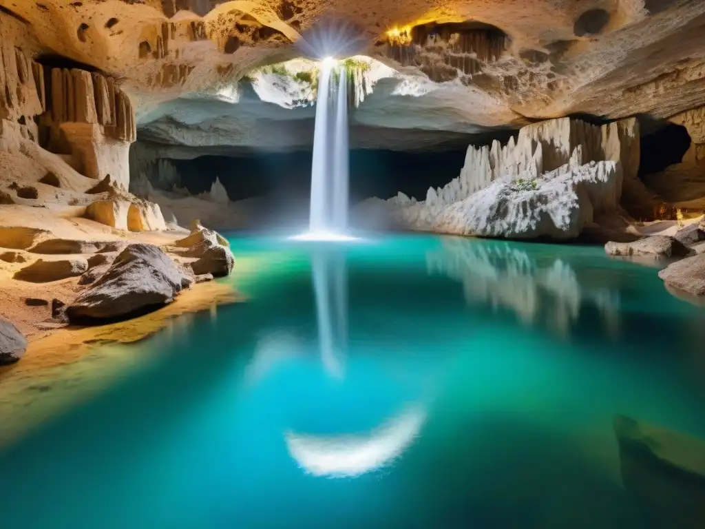 Río subterráneo: belleza mística en 8k Un río subterráneo majestuoso con estalactitas y estalagmitas, peces albino y luz natural