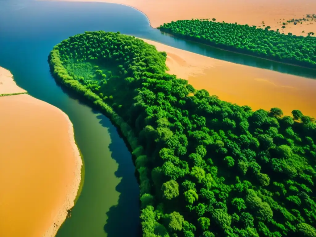 Esplendor del Nilo: contraste de oasis y desierto al atardecer El río Nilo: un tesoro cultural que serpentea entre la exuberante vegetación y las dunas doradas al atardecer