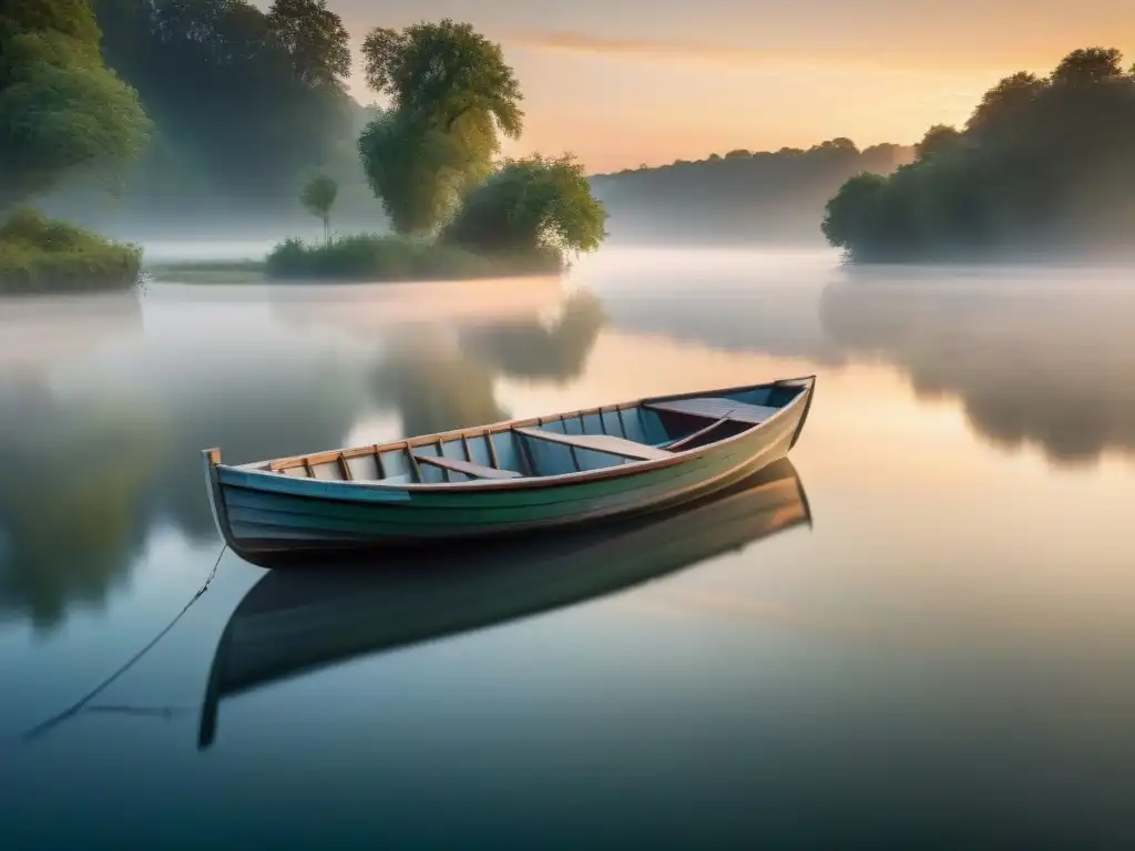 Río sereno al amanecer: brillo dorado y niebla matutina Un río tranquilo al amanecer, con la luz cálida del sol y una neblina matutina