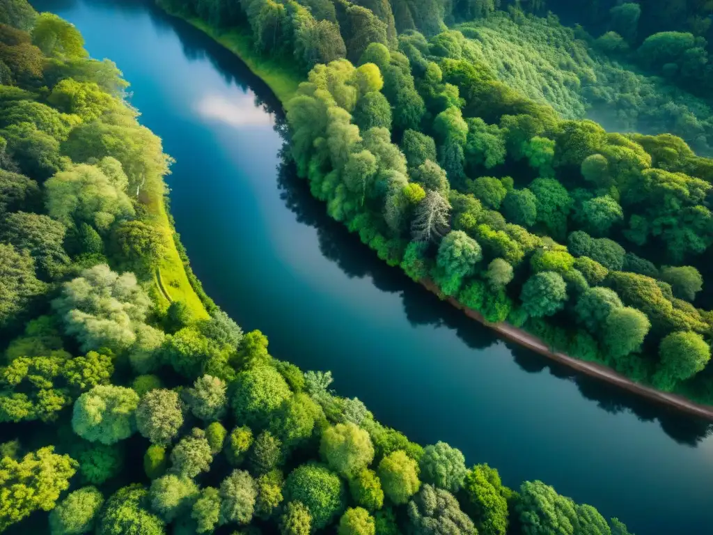 Río serpenteante: vista aérea de un paraíso verde Un río serpenteando a través de un exuberante bosque, reflejando la serenidad del ecosistema